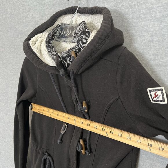 Hollister Hooded Zip Up Faux Fur Coat Size M Toggle Fair Isle Shearling Black - Picture 11 of 13
